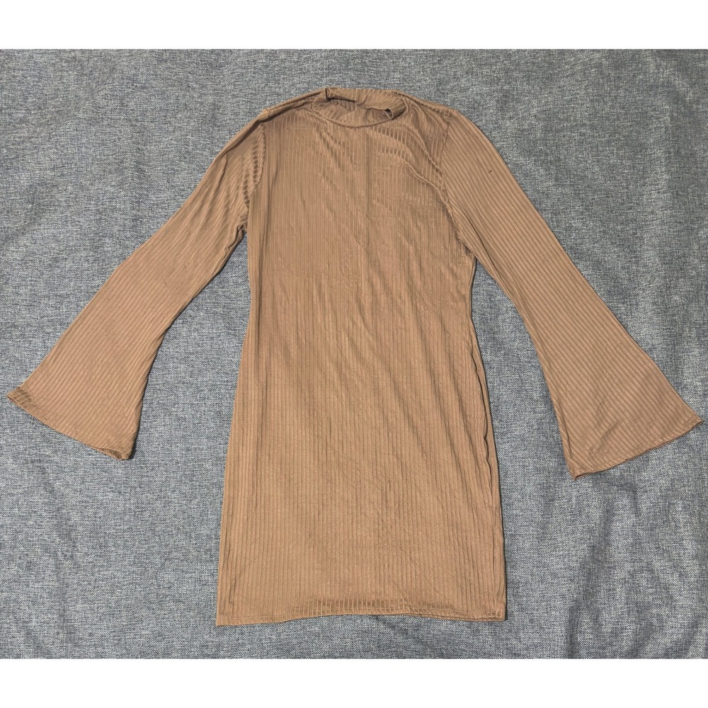 Fashion Nova Womens 2X Mini Dress Brown Ribbed Bell Sleeve Mock Neck RD48688LX